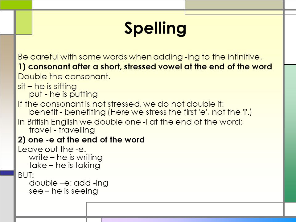 Spelling Be careful with some words when adding -ing to the infinitive. 1) consonant after a short, stressed vowel at the end of the word.
