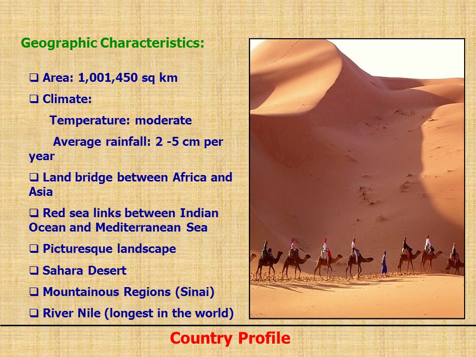Country Profile Geographic Characteristics: Area: 1,001,450 sq km