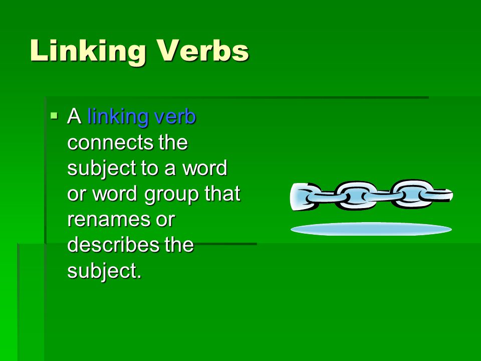 Linking Verbs A linking verb connects the subject to a word or word group that renames or describes the subject.