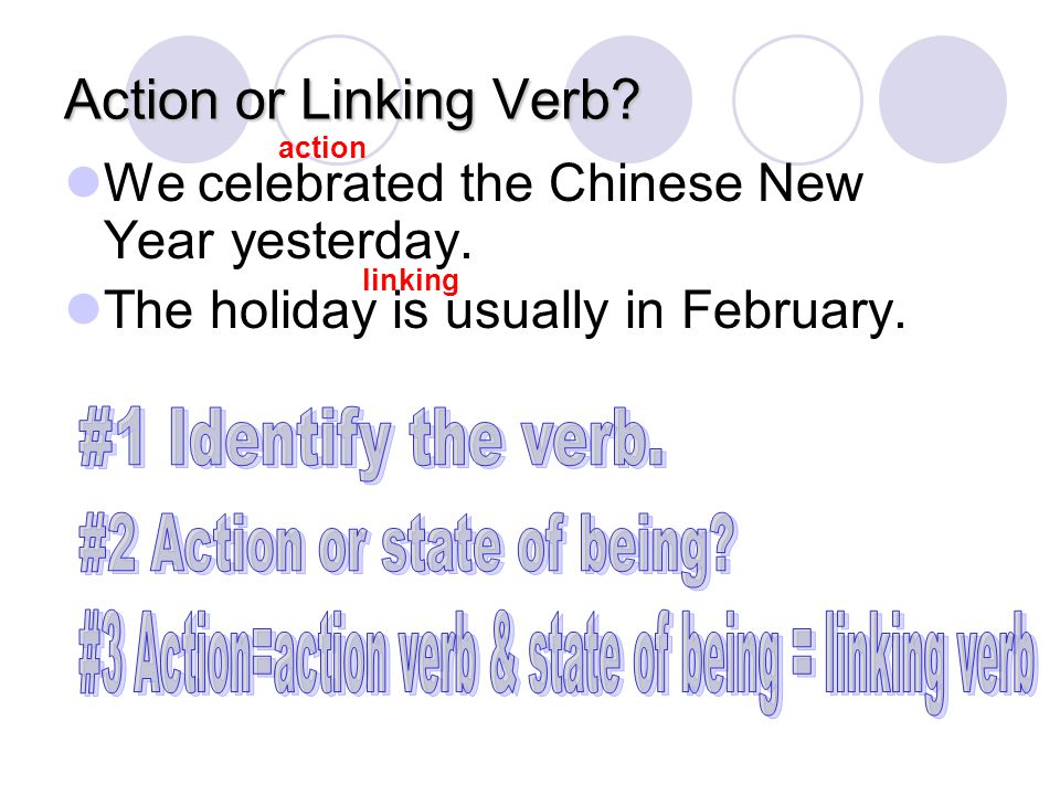 Action or Linking Verb We celebrated the Chinese New Year yesterday.