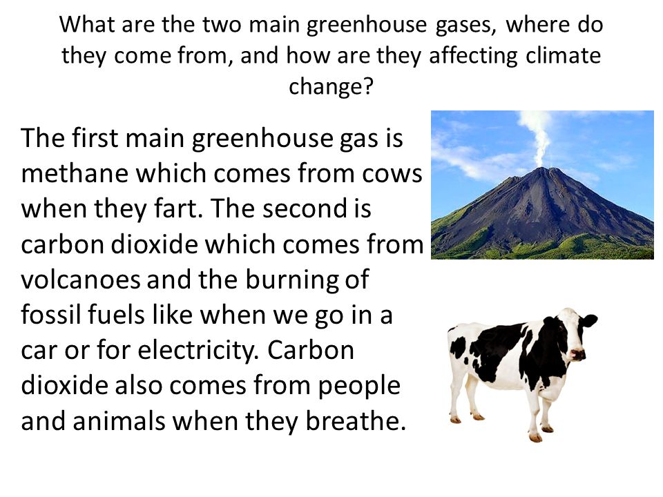 What are the two main greenhouse gases, where do they come from, and how are they affecting climate change