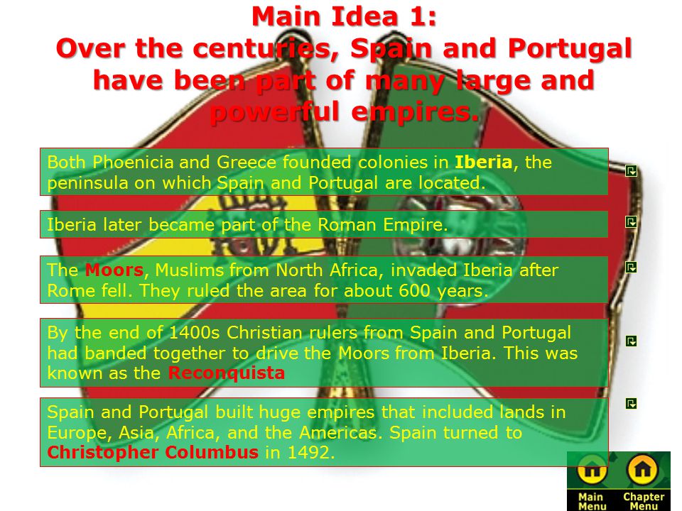 Main Idea 1: Over the centuries, Spain and Portugal have been part of many large and powerful empires.