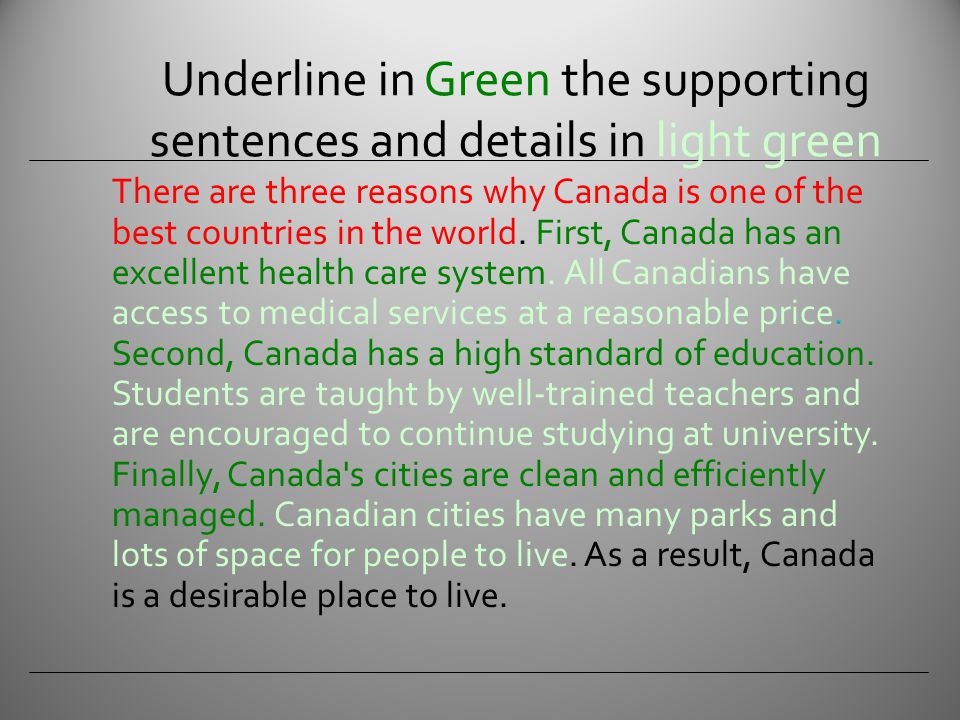Underline in Green the supporting sentences and details in light green
