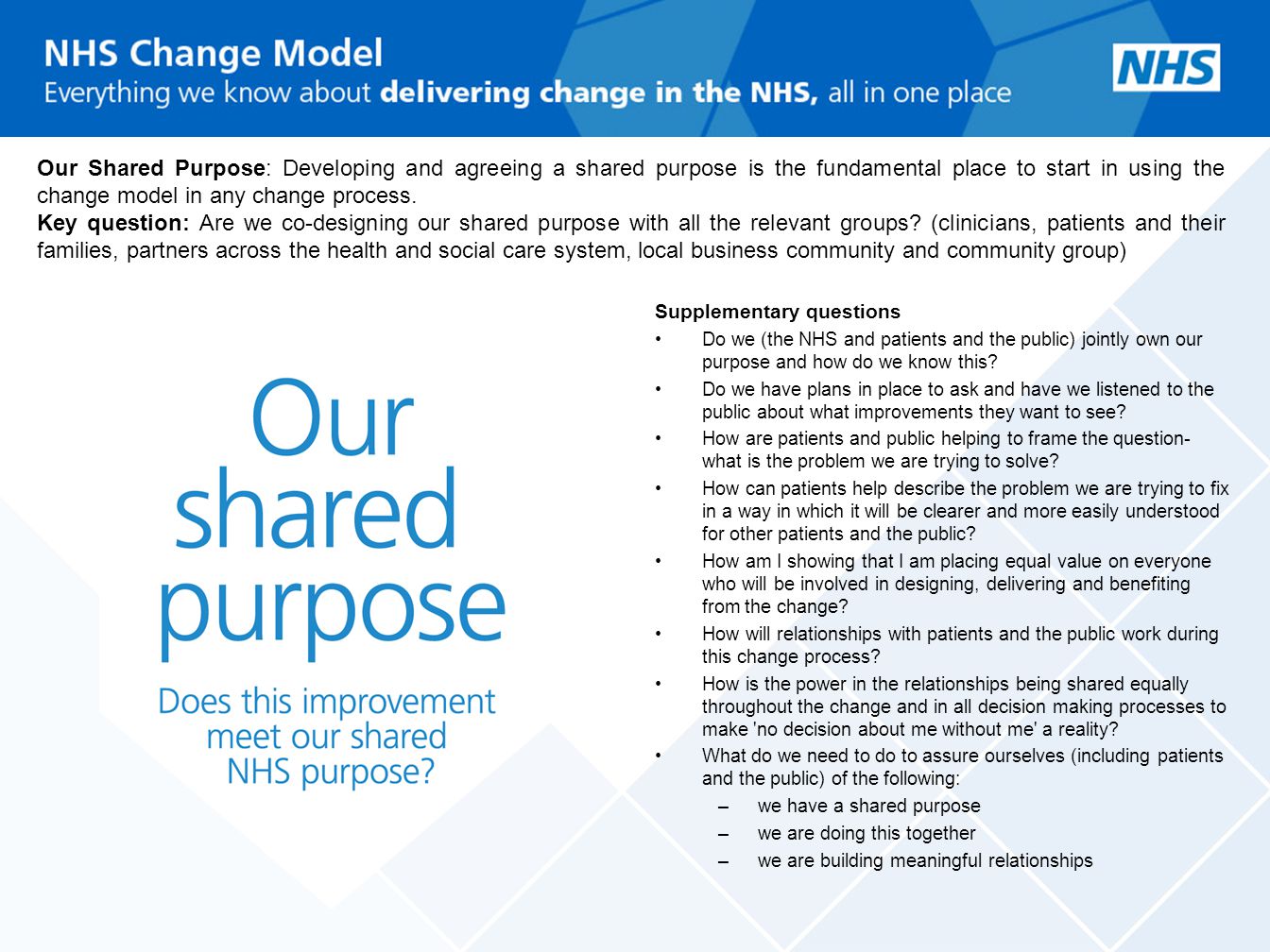 Our Shared Purpose: Developing and agreeing a shared purpose is the fundamental place to start in using the change model in any change process.