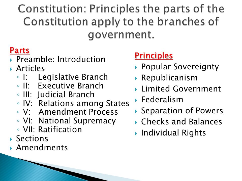 Constitution: Principles the parts of the Constitution apply to the branches of government.