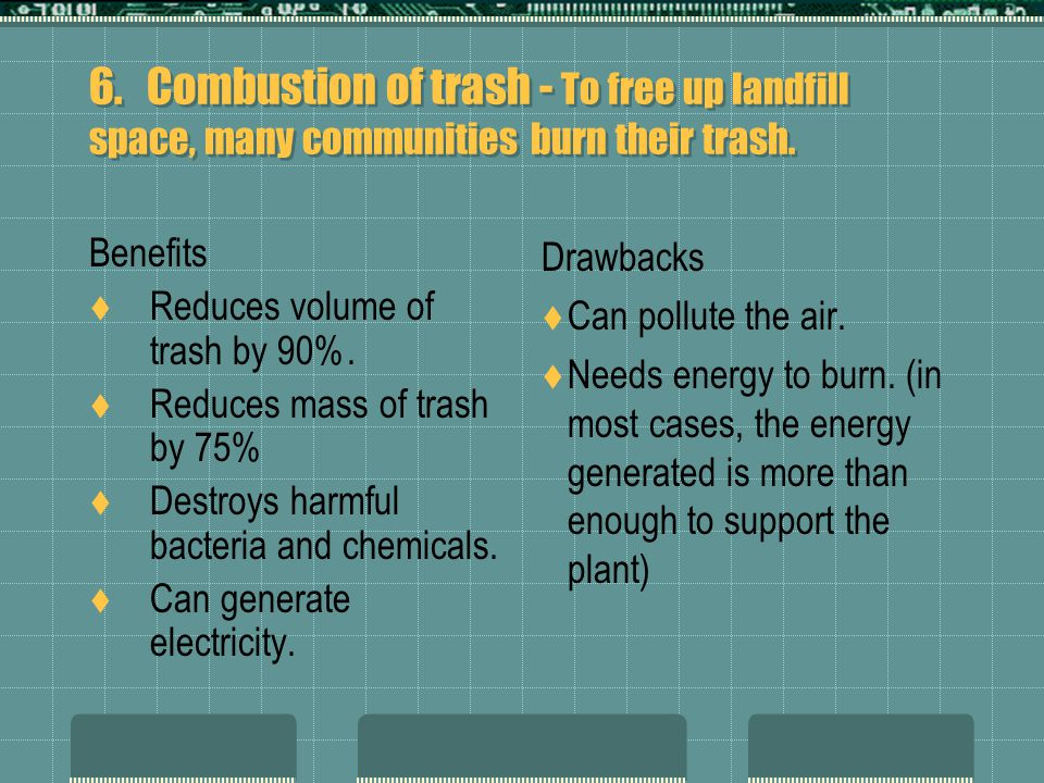 6. Combustion of trash - To free up landfill space, many communities burn their trash.