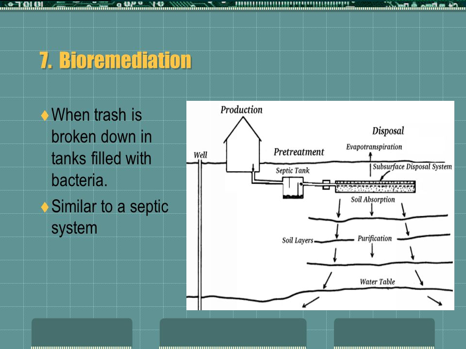 7. Bioremediation When trash is broken down in tanks filled with bacteria.