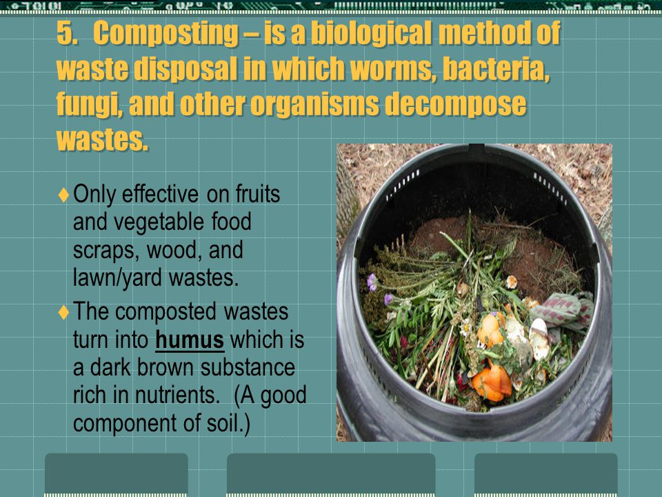 5. Composting – is a biological method of waste disposal in which worms, bacteria, fungi, and other organisms decompose wastes.
