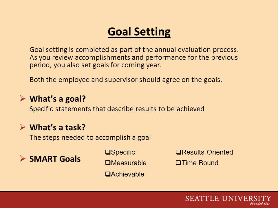 Goal Setting Goal setting is completed as part of the annual evaluation process.