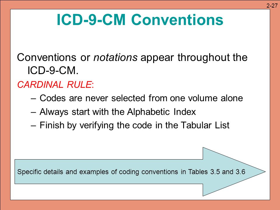 2-27 ICD-9-CM Conventions. Conventions or notations appear throughout the ICD-9-CM. CARDINAL RULE: