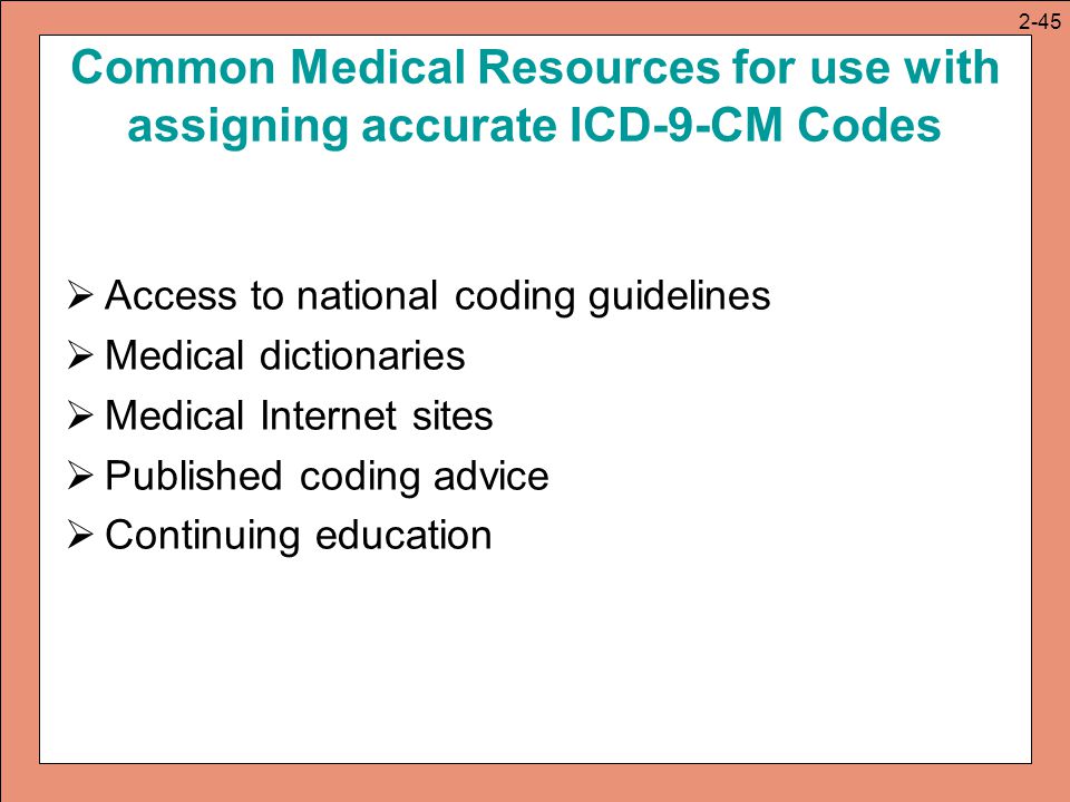 2-45 Common Medical Resources for use with assigning accurate ICD-9-CM Codes. Access to national coding guidelines.