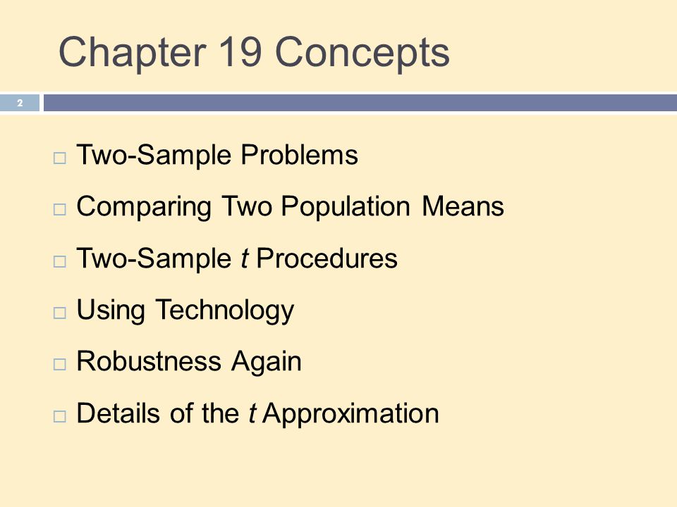 Chapter 19 Concepts Two-Sample Problems Comparing Two Population Means