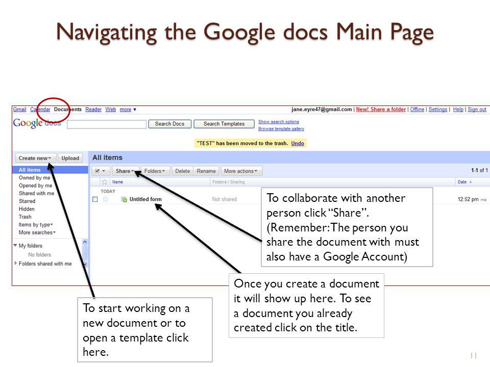 Navigating the Google docs Main Page