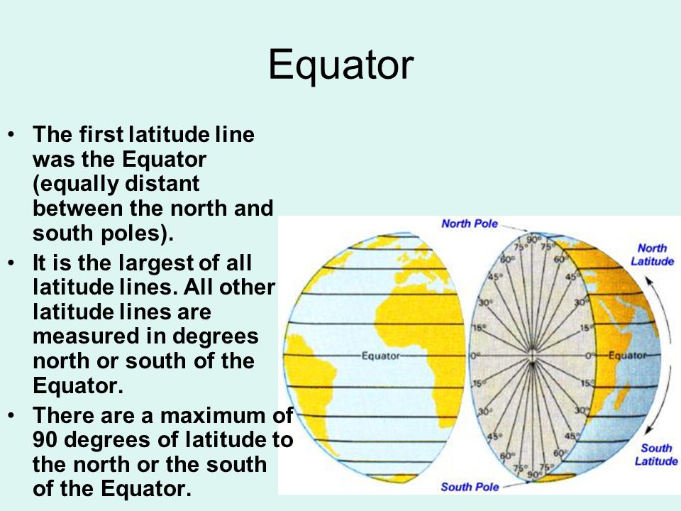 Equator The first latitude line was the Equator (equally distant between the north and south poles).