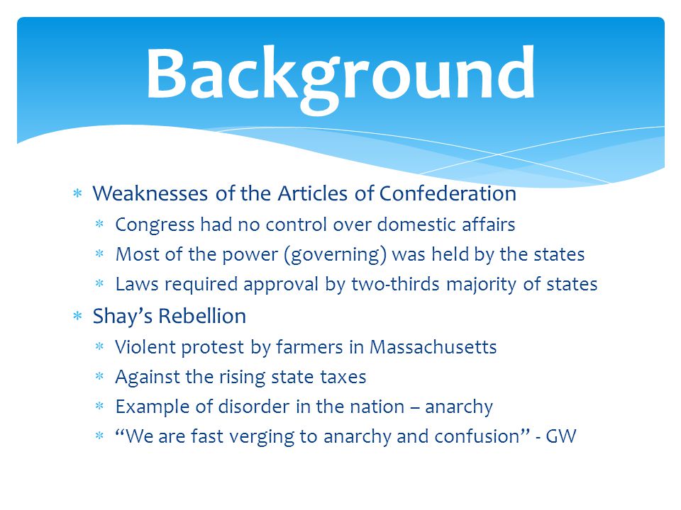 Background Weaknesses of the Articles of Confederation