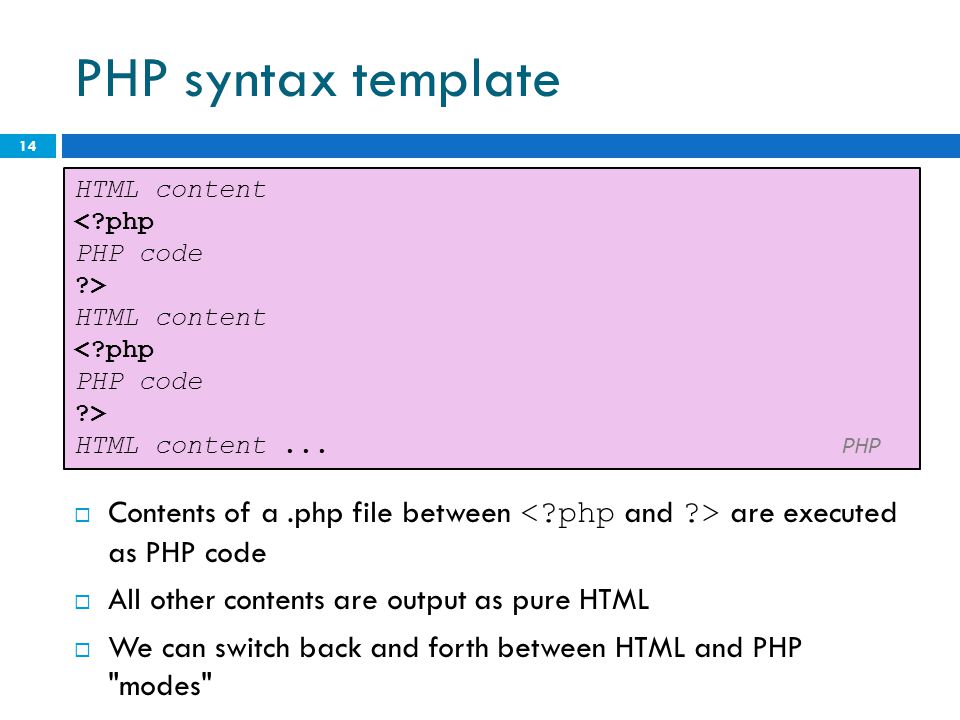 PHP syntax template HTML content. < php. PHP code. > HTML content ... PHP. Mode switchers.