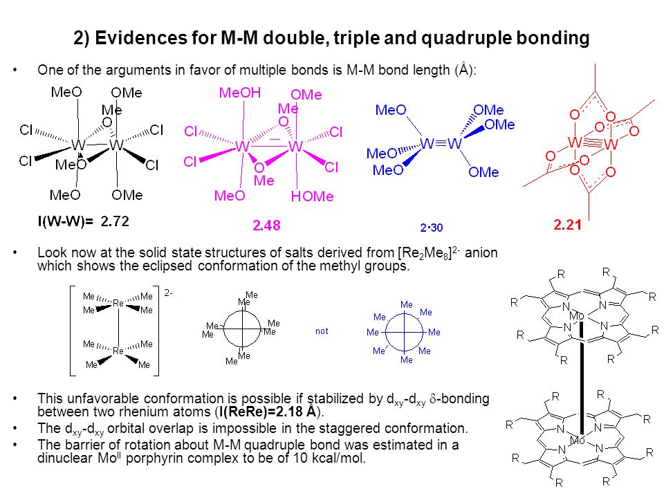 2) Evidences for M-M double, triple and quadruple bonding