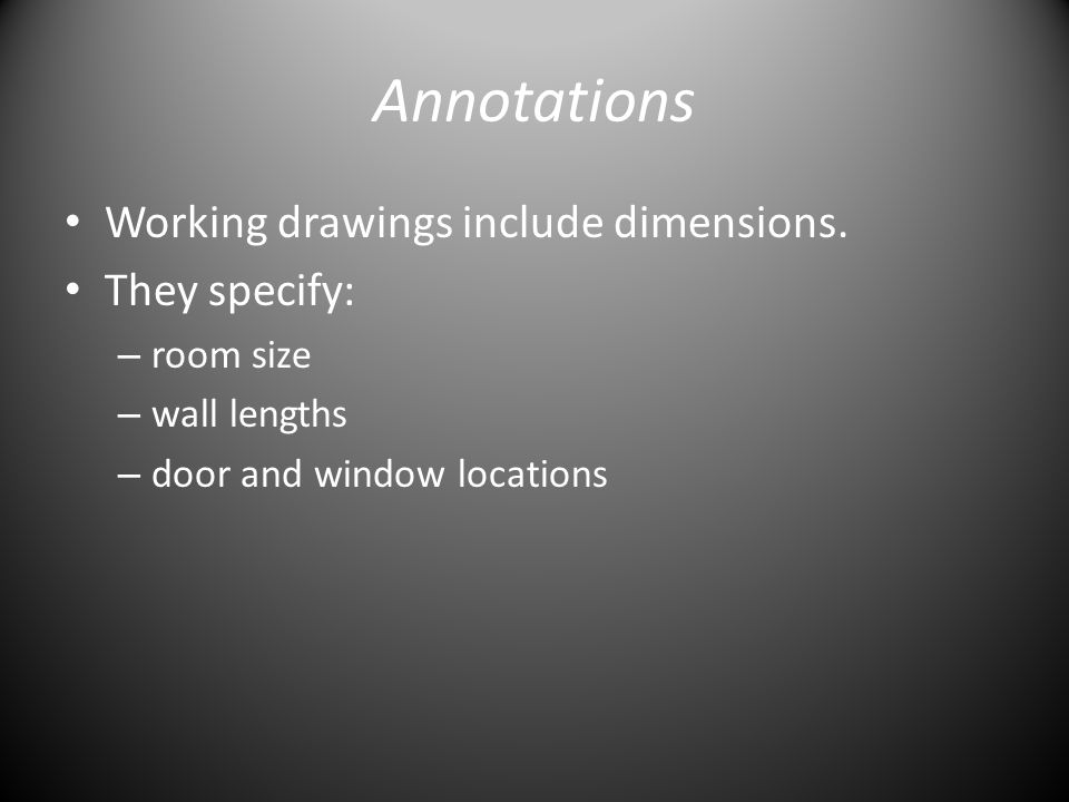 Annotations Working drawings include dimensions. They specify: