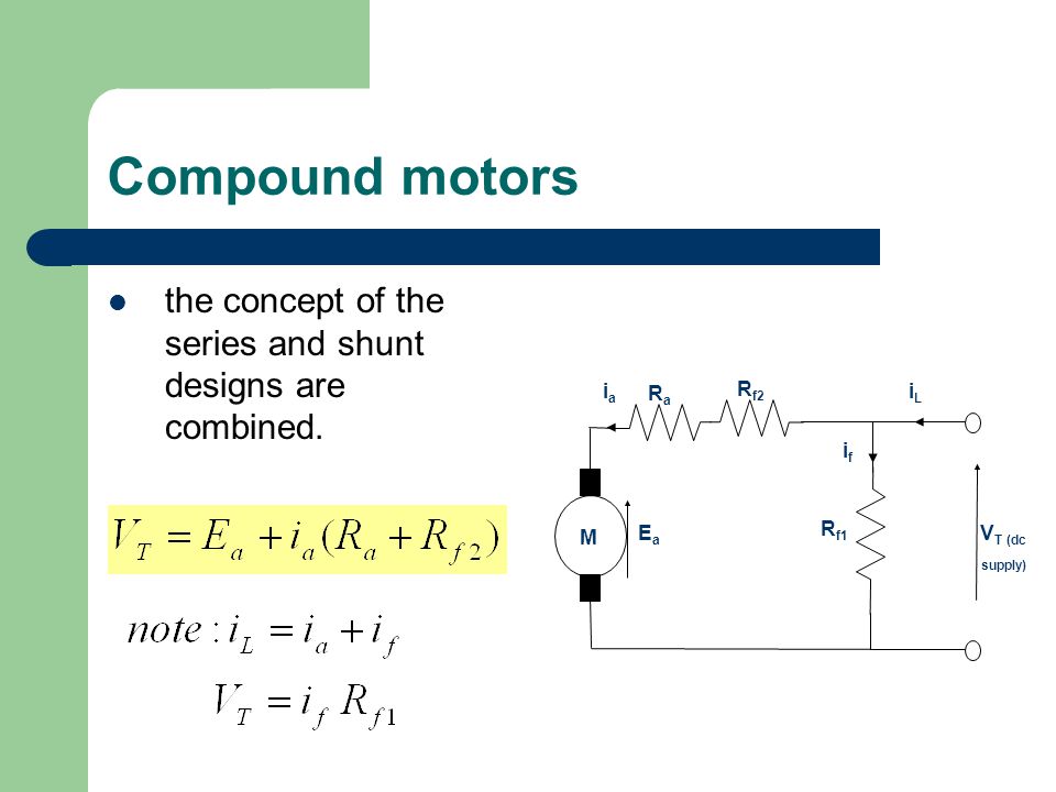 Compound motors the concept of the series and shunt designs are combined. Ea. VT (dc supply) Ra.