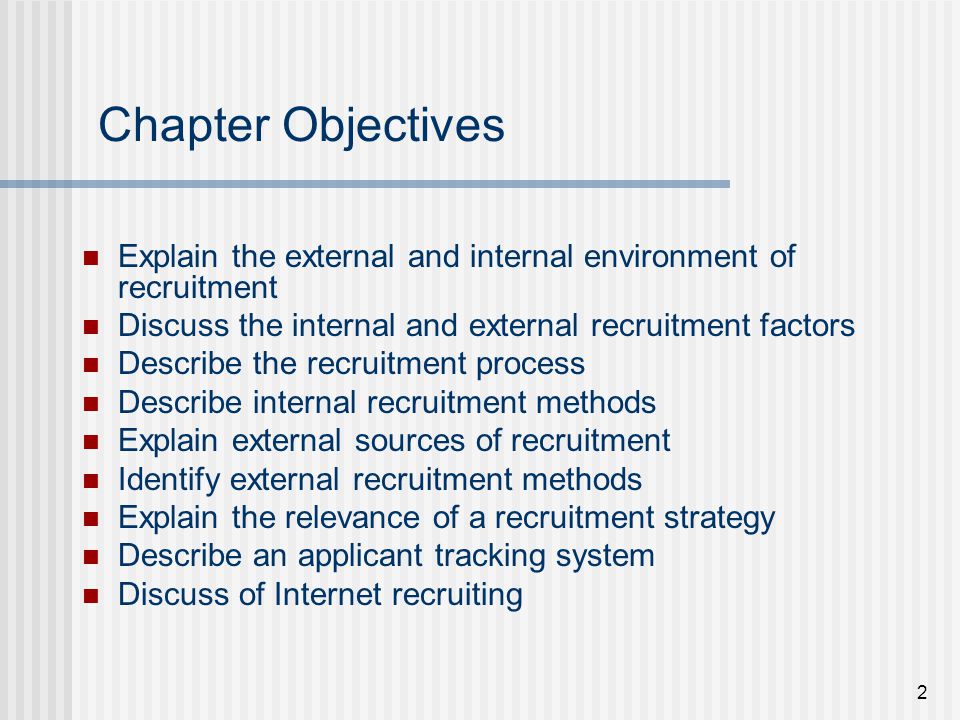 Chapter Objectives Explain the external and internal environment of recruitment. Discuss the internal and external recruitment factors.
