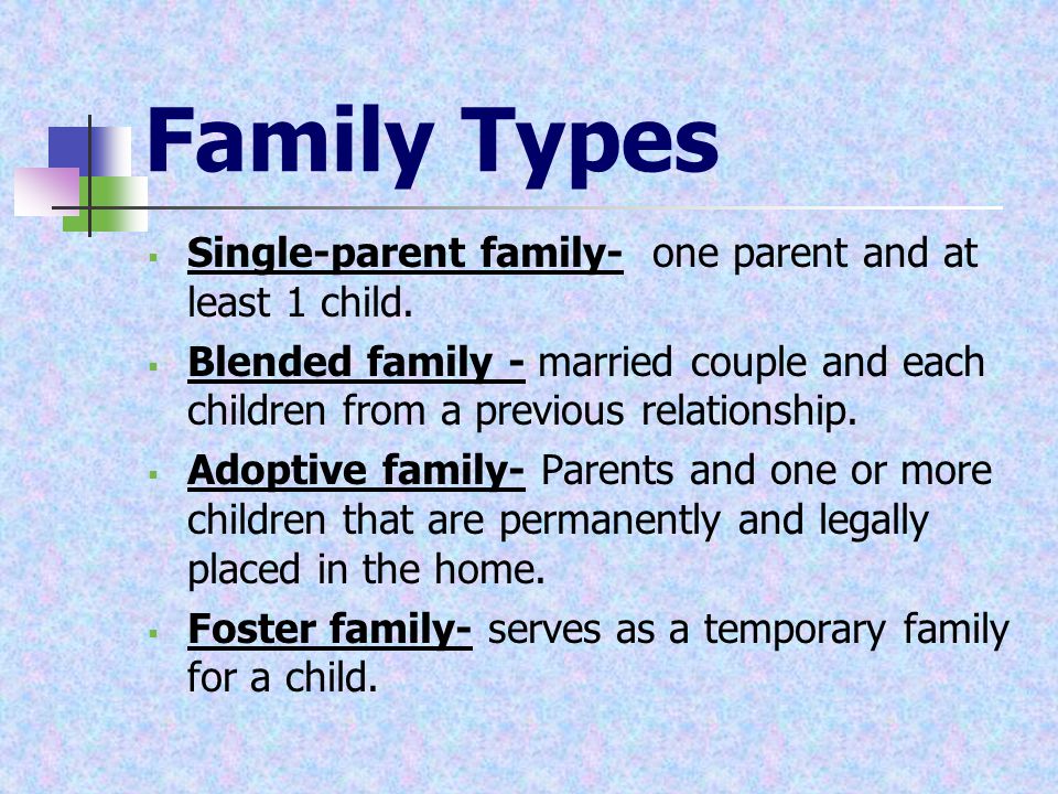 Family Types Single-parent family- one parent and at least 1 child.