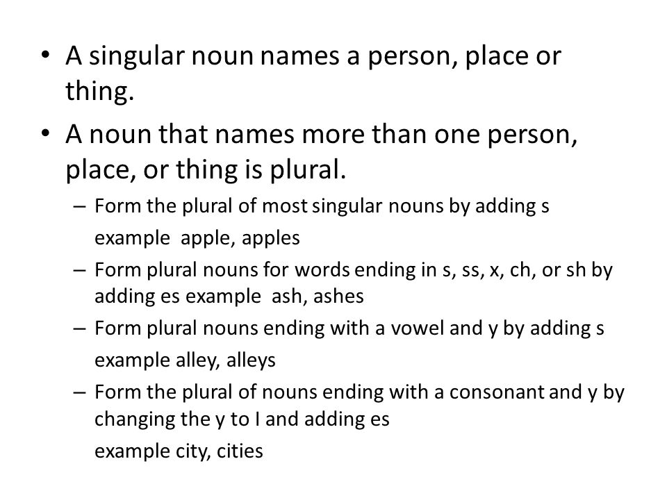A singular noun names a person, place or thing.