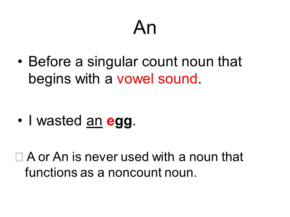 An Before a singular count noun that begins with a vowel sound.