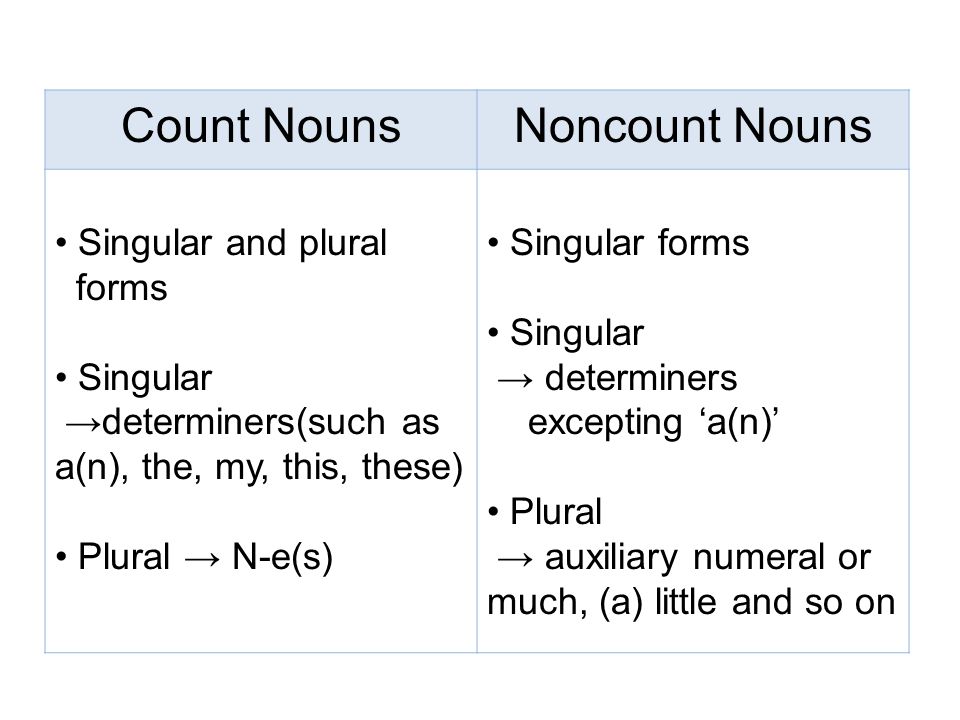 Count Nouns Noncount Nouns • Singular and plural forms • Singular