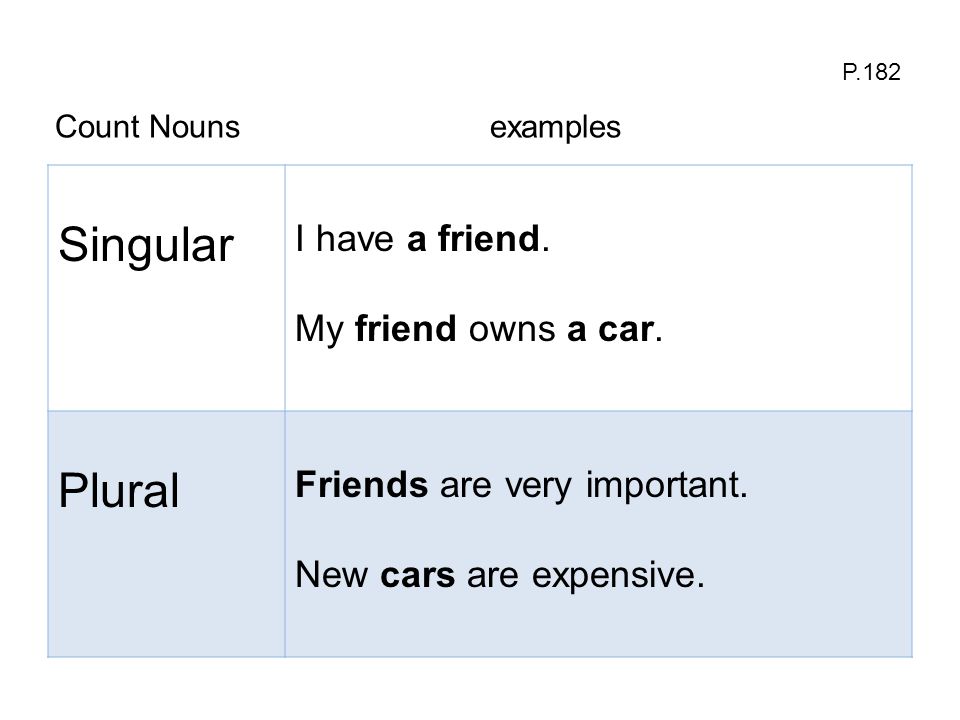 Singular Plural I have a friend. My friend owns a car.
