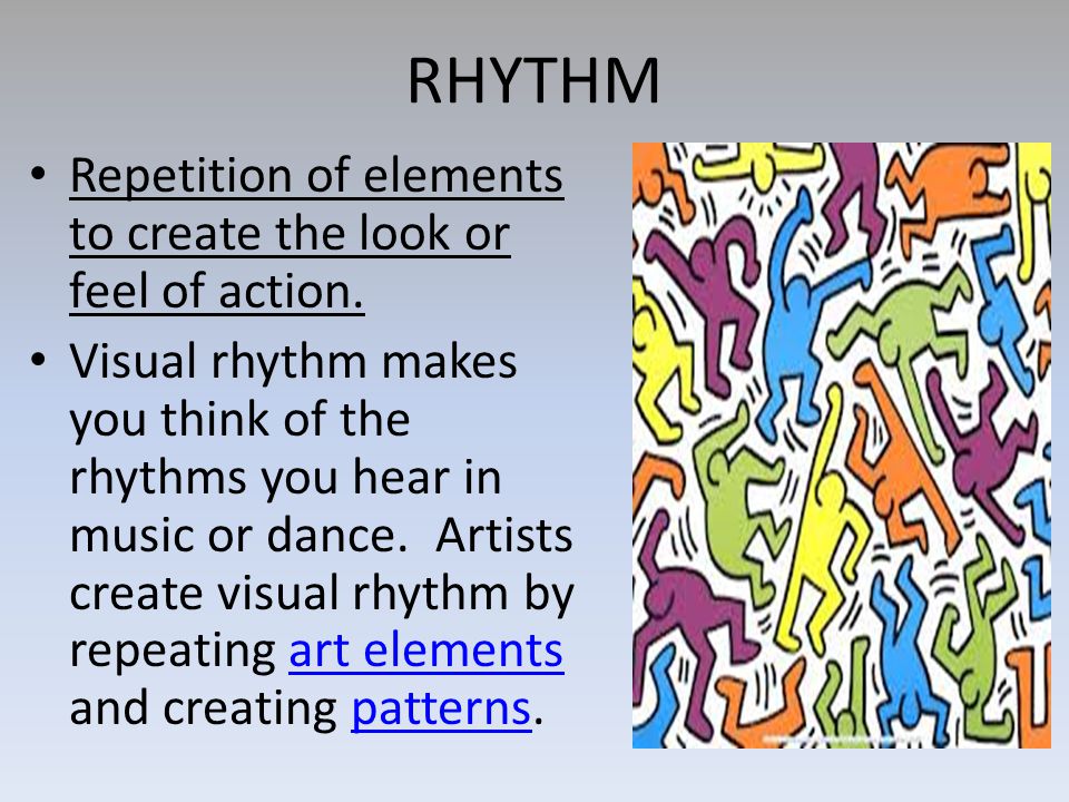 RHYTHM Repetition of elements to create the look or feel of action.