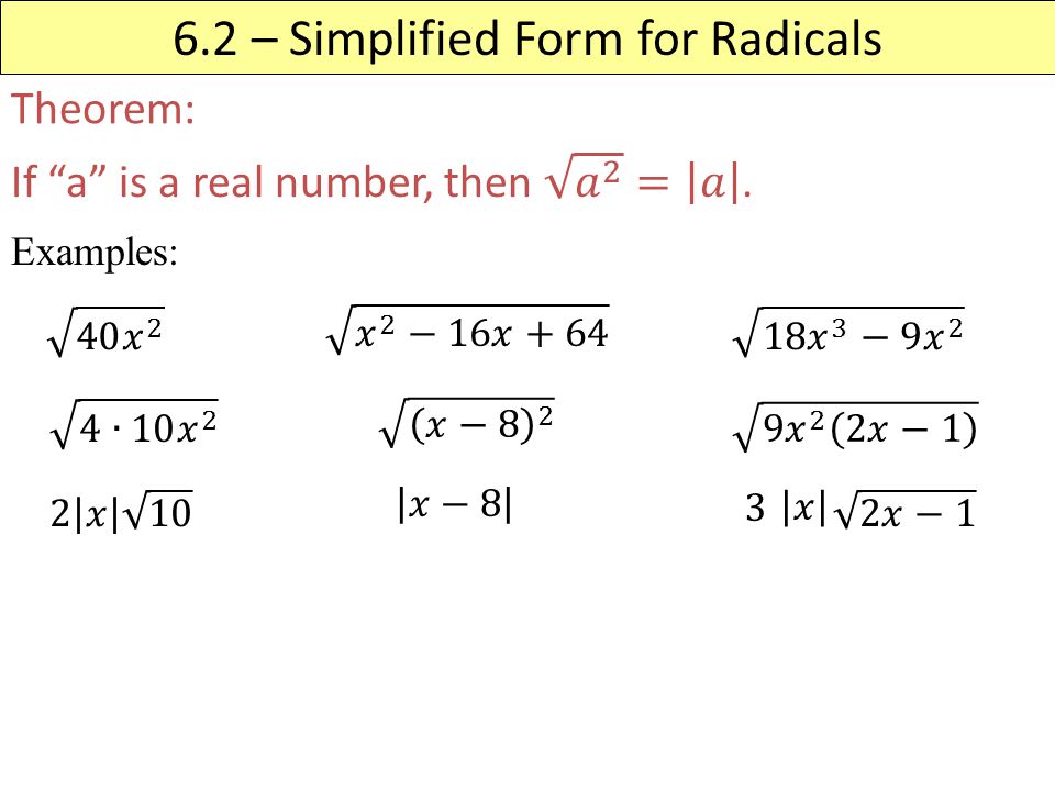 6.2 – Simplified Form for Radicals