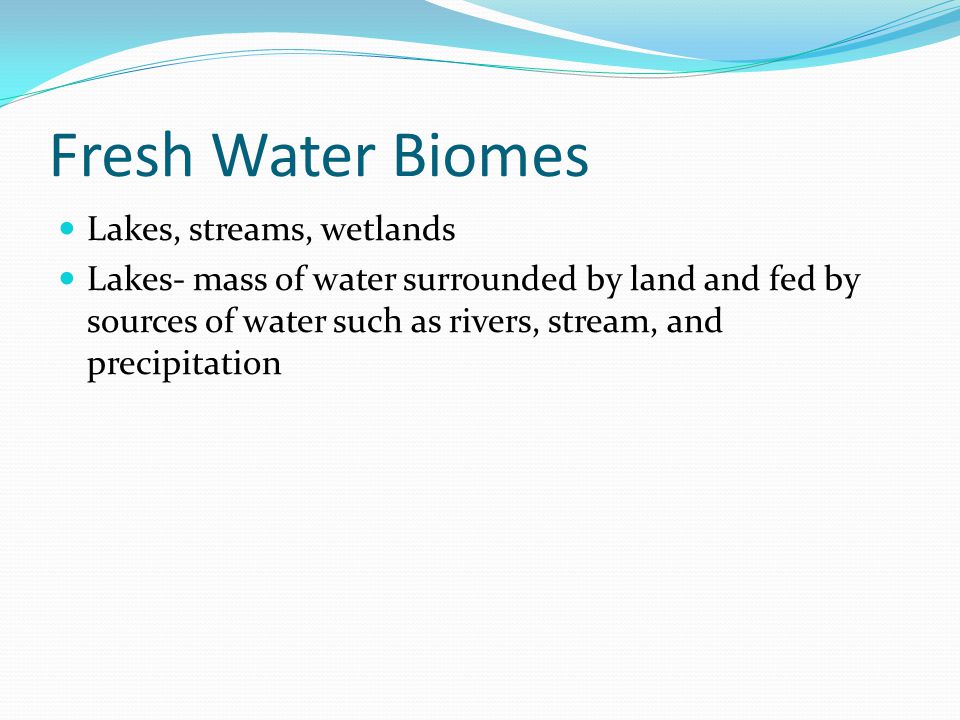 Fresh Water Biomes Lakes, streams, wetlands