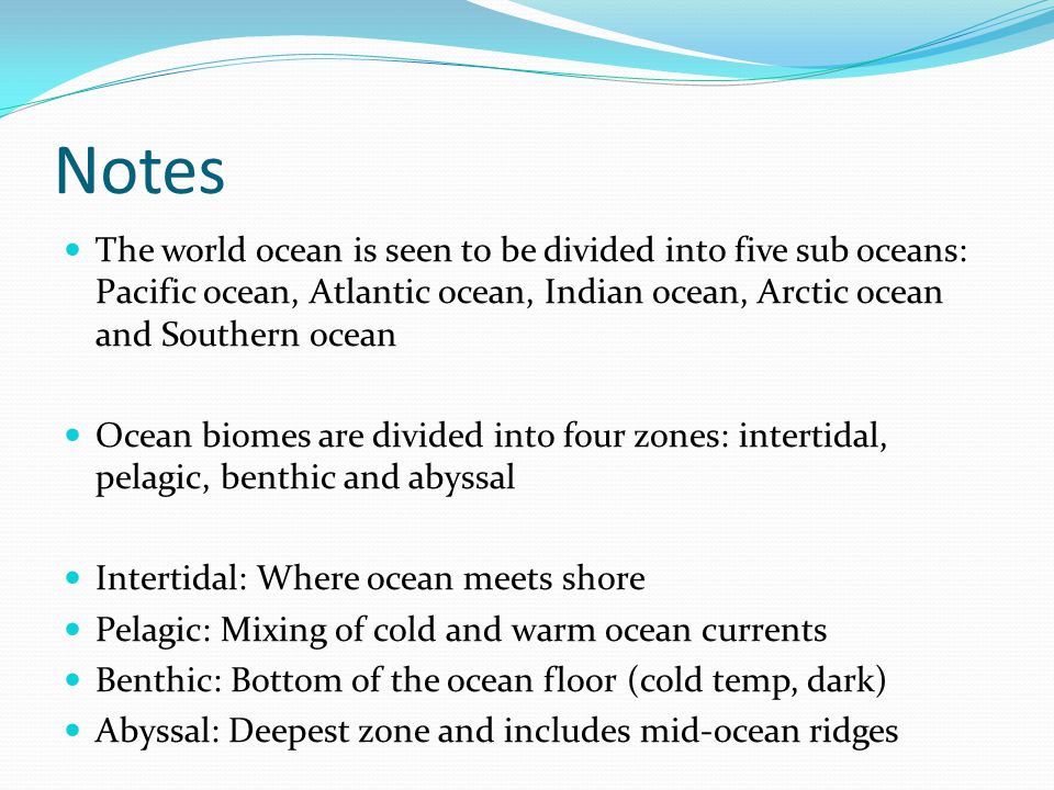 Notes The world ocean is seen to be divided into five sub oceans: Pacific ocean, Atlantic ocean, Indian ocean, Arctic ocean and Southern ocean.