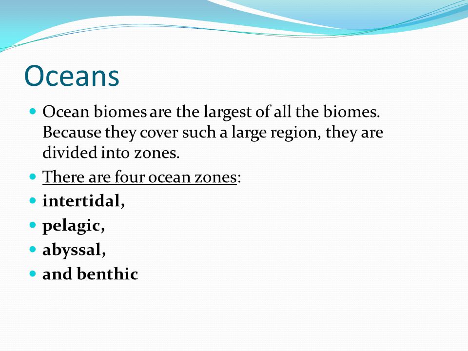 Oceans Ocean biomes are the largest of all the biomes. Because they cover such a large region, they are divided into zones.