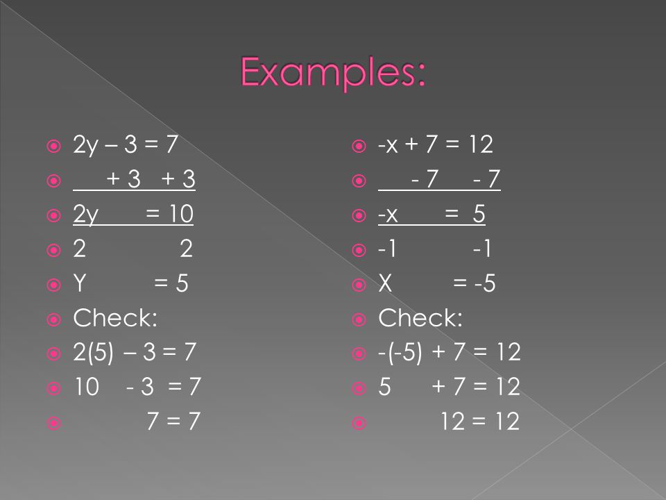 Examples: 2y – 3 = y = Y = 5 Check: 2(5) – 3 = 7