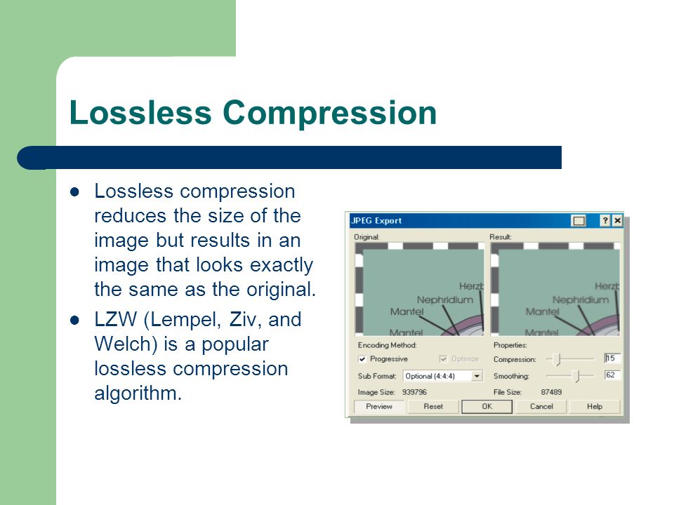 Lossless Compression Lossless compression reduces the size of the image but results in an image that looks exactly the same as the original.