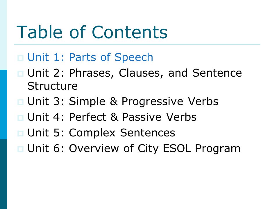Table of Contents Unit 1: Parts of Speech