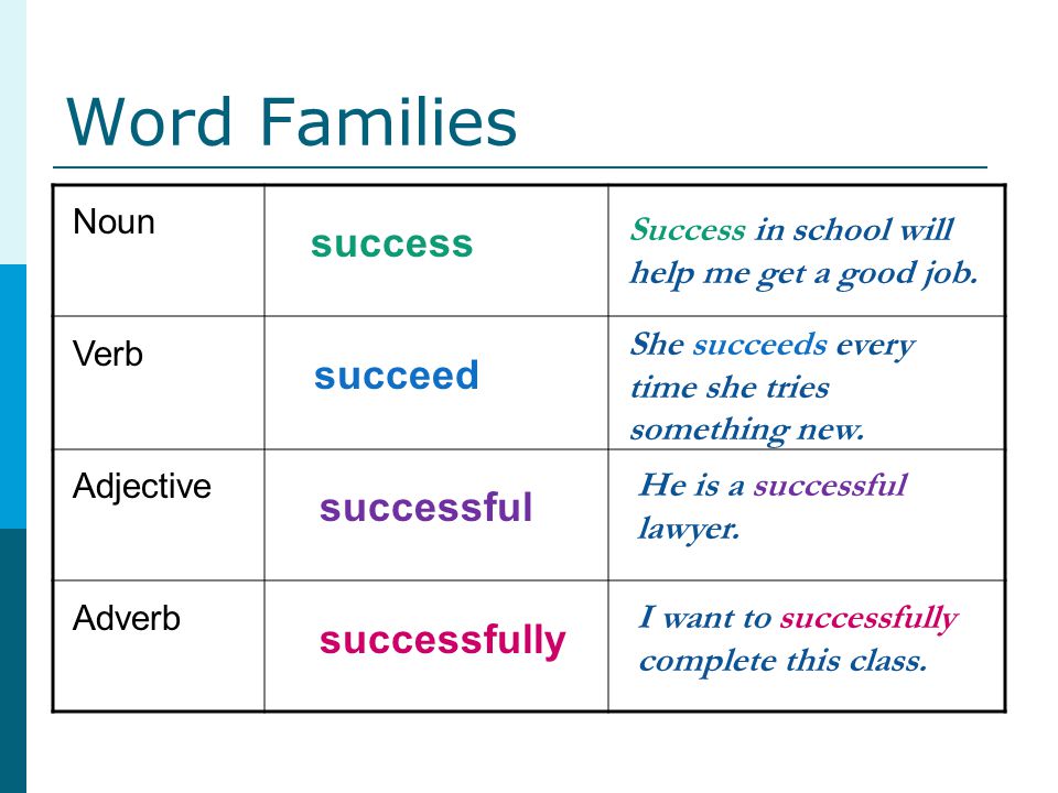 Word Families success succeed successful successfully Noun
