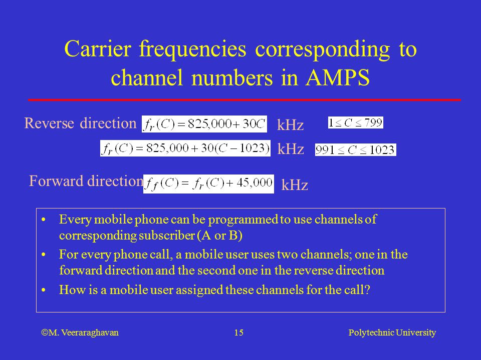 Carrier frequencies corresponding to channel numbers in AMPS