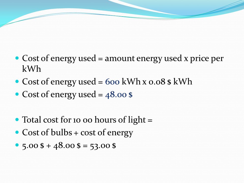 Cost of energy used = amount energy used x price per kWh