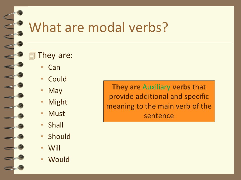 What are modal verbs They are: Can Could May Might Must
