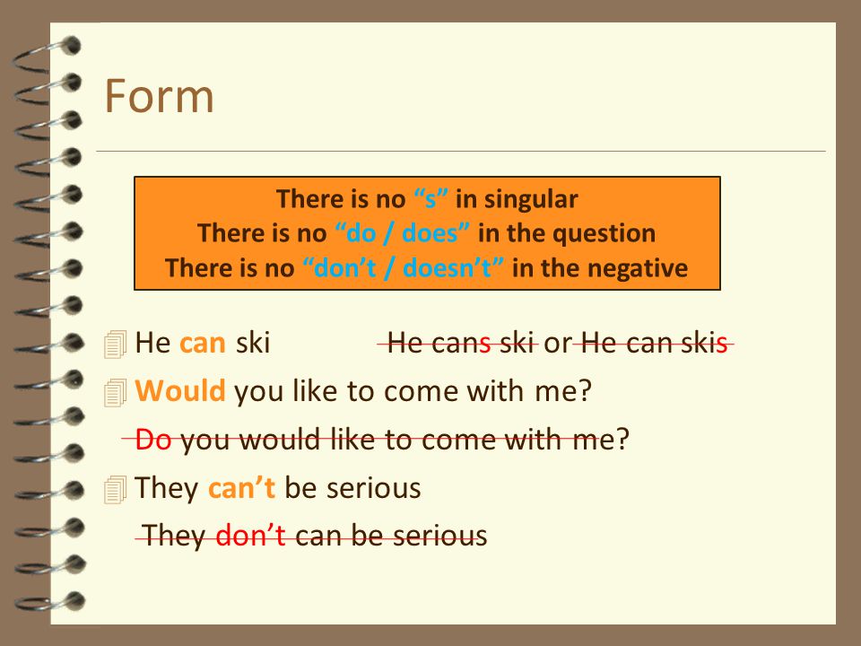 Form He can ski He cans ski or He can skis