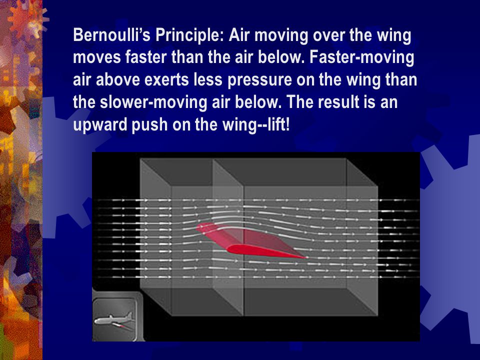 Bernoulli’s Principle: Air moving over the wing moves faster than the air below. Faster-moving air above exerts less pressure on the wing than the slower-moving air below. The result is an upward push on the wing--lift!