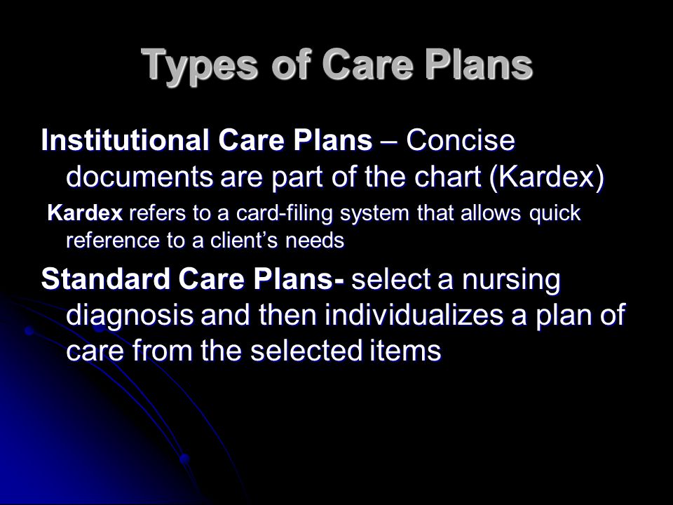 Types of Care Plans Institutional Care Plans – Concise documents are part of the chart (Kardex)