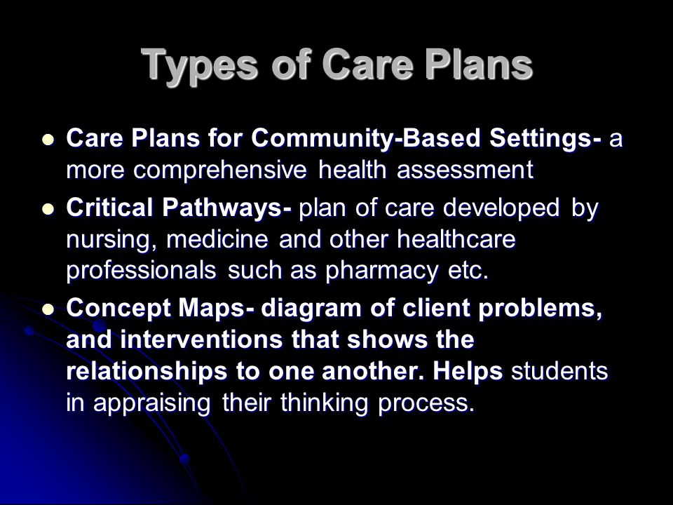 Types of Care Plans Care Plans for Community-Based Settings- a more comprehensive health assessment.