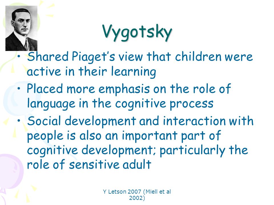 Vygotsky Shared Piaget’s view that children were active in their learning. Placed more emphasis on the role of language in the cognitive process.