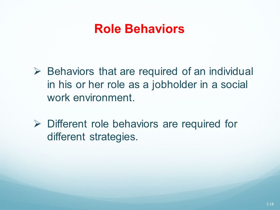 Role Behaviors Behaviors that are required of an individual in his or her role as a jobholder in a social work environment.