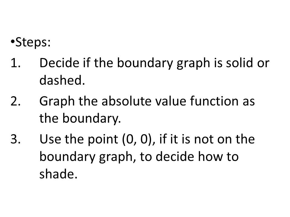 Steps: Decide if the boundary graph is solid or dashed. Graph the absolute value function as the boundary.