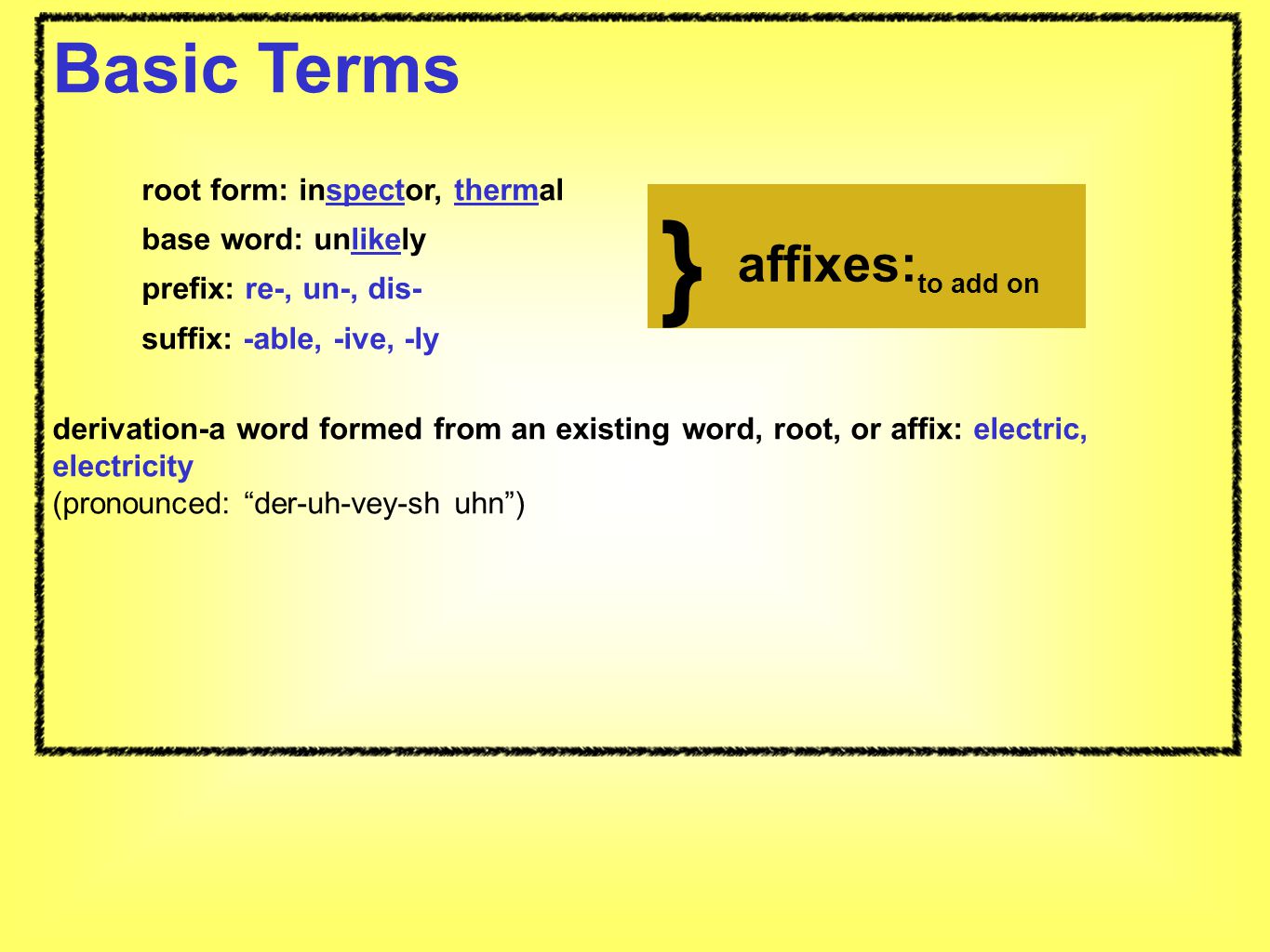 } affixes:to add on Basic Terms root form: inspector, thermal