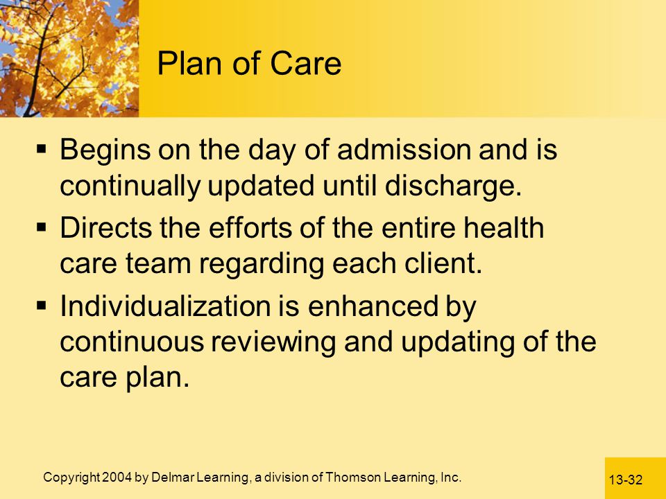 Plan of Care Begins on the day of admission and is continually updated until discharge.